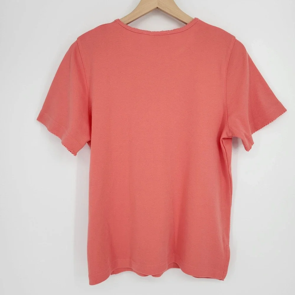 Alfred Dunner Womens Coral Pink Palm Tree Tropical Top Size M Coastal Grandma